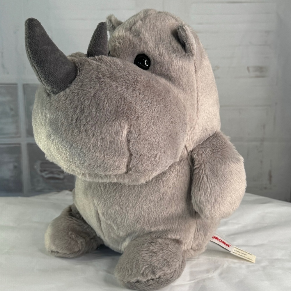 Aurora Rhinoceros Rhino Plush Chunky Gray Sitting Stuffed Animal Toy Gift 11"